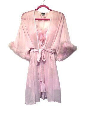 Seductivewear Sheer Pink Chiffon Feather Trim 3-Piece Gown Robe & Thong Set